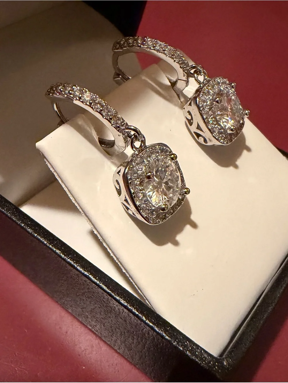 925 Silver Moissanite Cushion Halo Drop Earrings - Picture 2 of 2